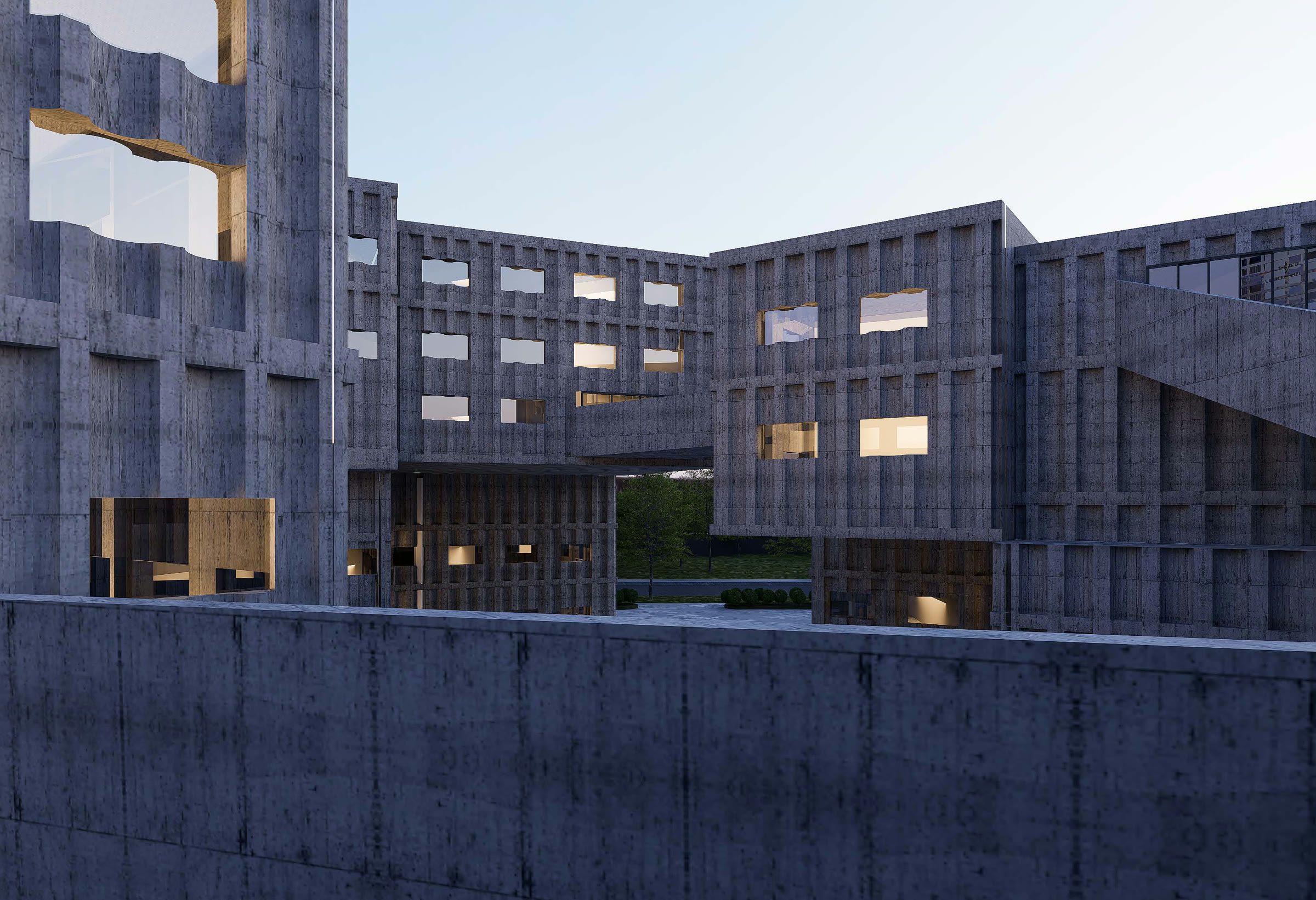 Ramps and bridges extend into the buildings
